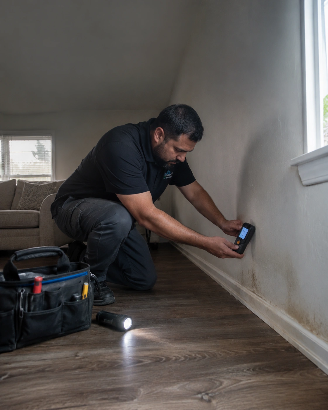 Mold remediation technician inspecting moisture damage inside an Antioch home